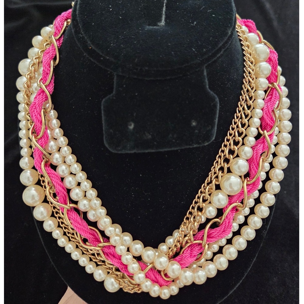 Multi Strand Faux Pearl Gold Chain Pink Cord Statement Necklace Chunky Bib